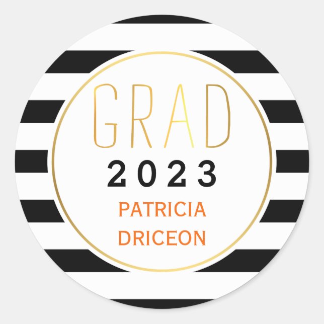 Black white stripes grad 2016 trendy graduation classic round sticker (Front)