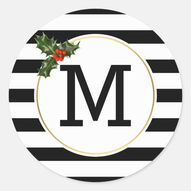Black white stripes holly berry monogram Christmas Classic Round Sticker (Front)