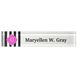 Black White Stripes, Hot Pink Quatrefoil Monogram Nameplate