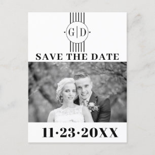 Black white stripes initials photo Save The Date Postcard