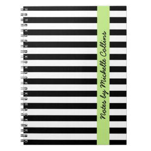 Black white stripes lime green personalized name notebook