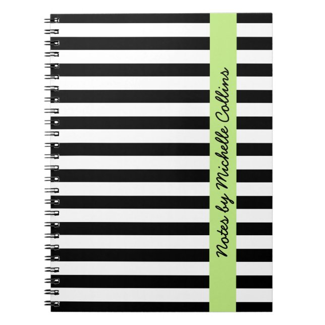 Black white stripes lime green personalized name notebook (Front)