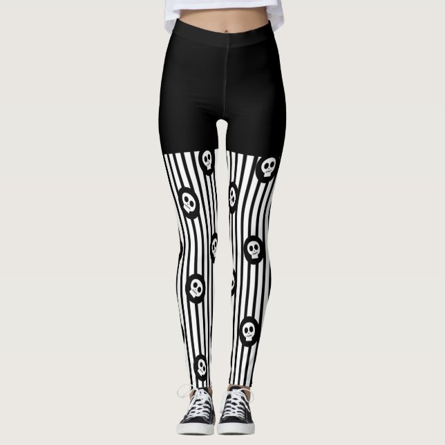 Black & White Stripes & Little Skulls Halloween Leggings (Front)