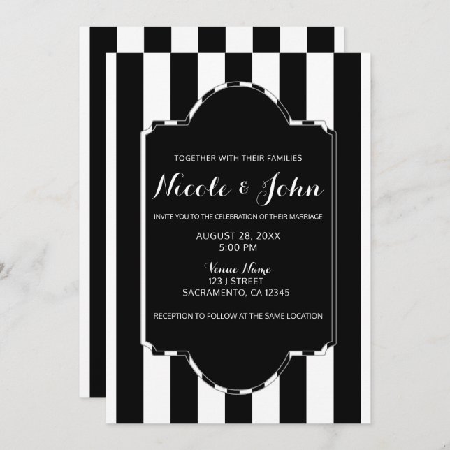 Black White Stripes Modern Chic Elegant Wedding Invitation (Front/Back)