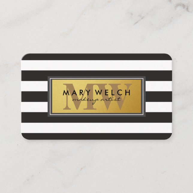 Black White Stripes Monogram Appointment Card (Front)
