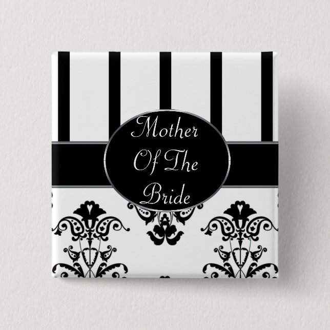 Black & White Stripes, Monogram Baroque 2 Inch Square Button (Front)