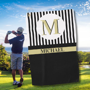 Black White Stripes Monogram Name Golf Towel