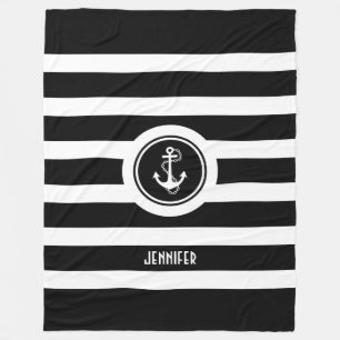Black & White Stripes Nautical Anchor Fleece Blanket