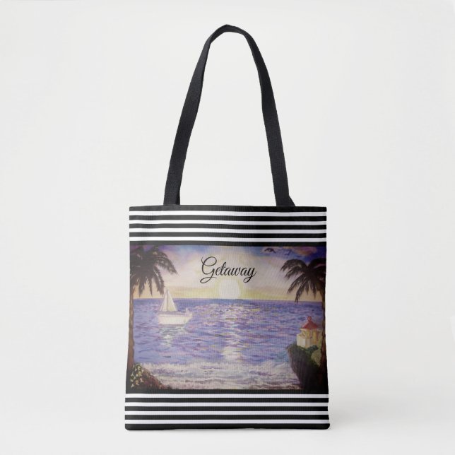Black White Stripes & Ocean Beach Landscape Tote Bag (Front)