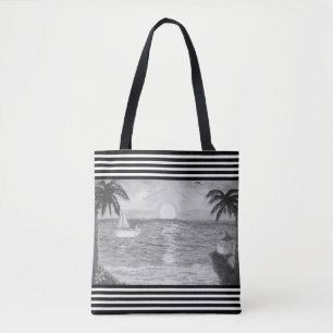 Black White Stripes & Ocean Beach Landscape Tote Bag