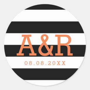Black & White Stripes   Orange Monogram & Date Classic Round Sticker