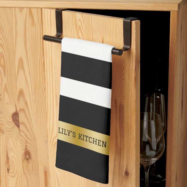 Black & white stripes pattern gold accents accent kitchen towel (Thirds Fold)