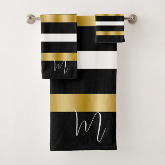 Black & White Stripes Pattern Gold Stripe Accent Bath Towel Set