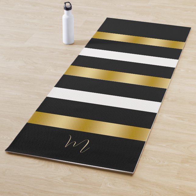 Black & White Stripes Pattern Gold Stripe Accent Yoga Mat (In Situ)