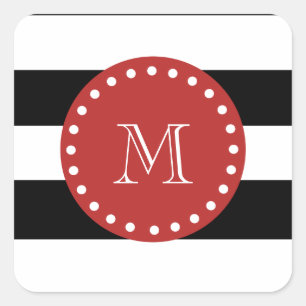 Black White Stripes Pattern, Red Monogram Square Sticker