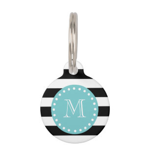 Black White Stripes Pattern, Teal Monogram Pet Tag