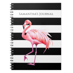 Black & White Stripes Pink Flamingo Custom Name Notebook