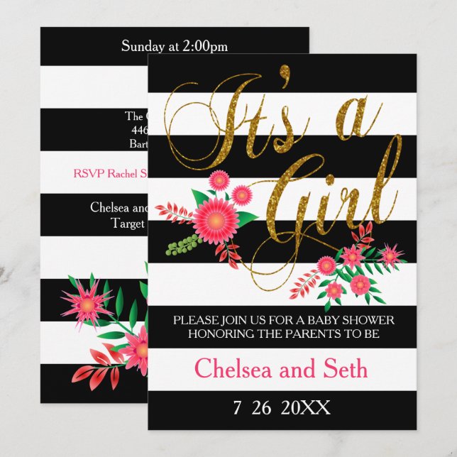 Black & White Stripes | Pink Floral | Baby Shower Invitation (Front/Back)