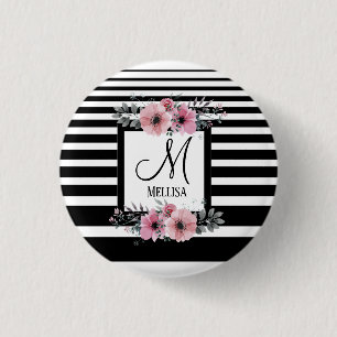 Black & White Stripes Pink Floral Monogram 1 Inch Round Button