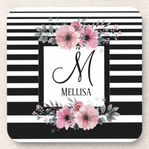 Black & White Stripes Pink Floral Monogram Coaster