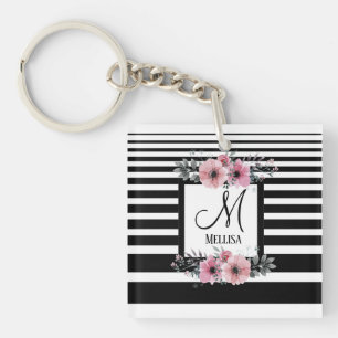 Black & White Stripes Pink Floral Monogram Keychain