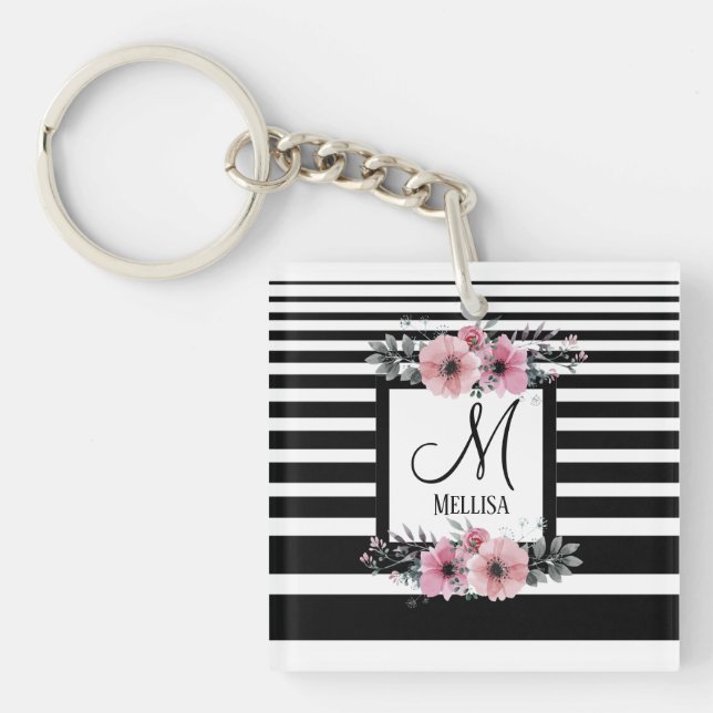 Black & White Stripes Pink Floral Monogram Keychain (Front)