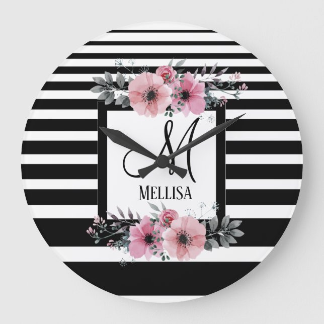 Black & White Stripes Pink Floral Monogram Large Clock (Front)