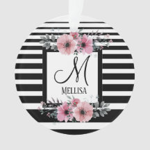 Black & White Stripes Pink Floral Monogram