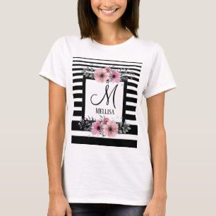 Black & White Stripes Pink Floral Monogram T-Shirt