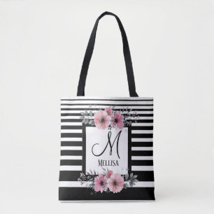 Black & White Stripes Pink Floral Monogram Tote Bag