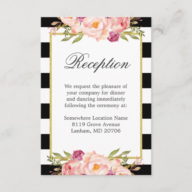 Black White Stripes Pink Floral Wedding Reception Enclosure Card (Front)