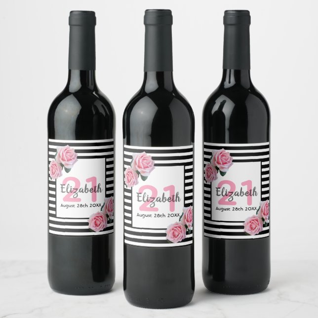 Black white stripes pink florals 21st birthday wine label (Bottles)