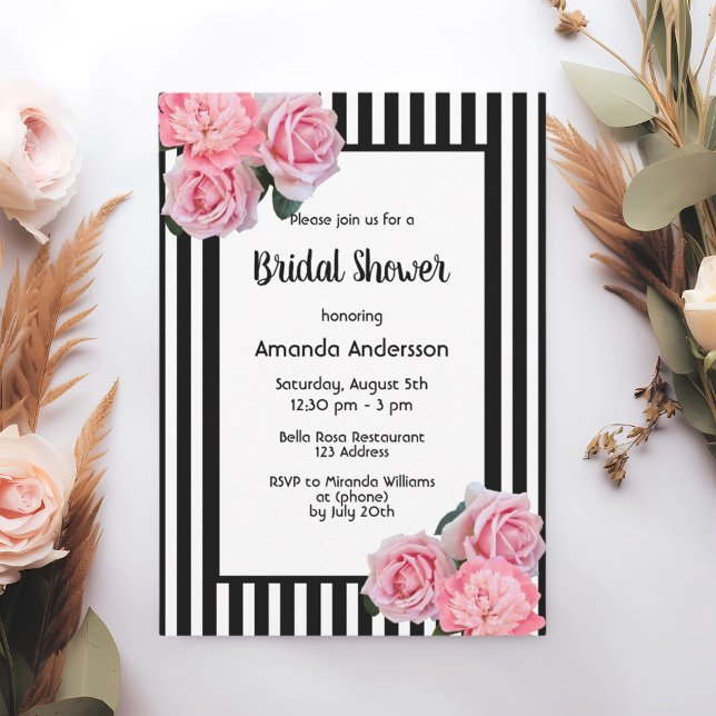 Black white stripes pink florals Bridal Shower Invitation (Creator Uploaded)