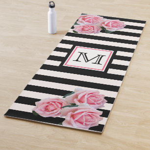 Black white stripes pink florals monogram yoga mat