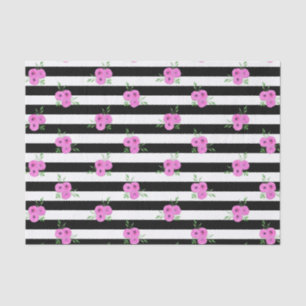Black White Stripes Pink Ranunculus Floral Pattern Tissue Paper