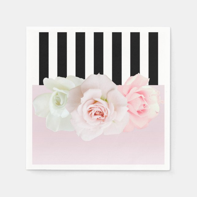 Black & White Stripes Pink Roses Bridal Shower Napkin (Front)