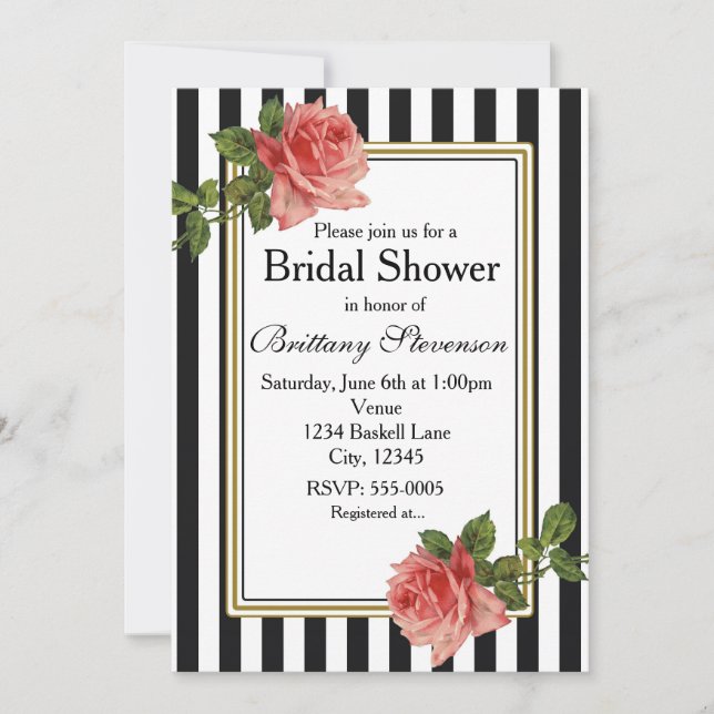 Black White Stripes Pink Roses Vintage Invitation (Front)