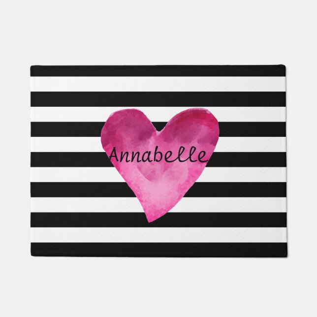 Black + White Stripes Pink Watercolor Heart name Doormat (Front)