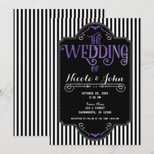 Black White Stripes Purple Gothic Bat Wedding Invitation