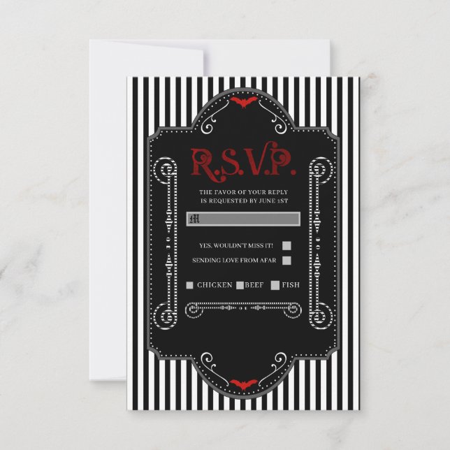 Black White Stripes Red Gothic Bat Wedding RSVP (Front)