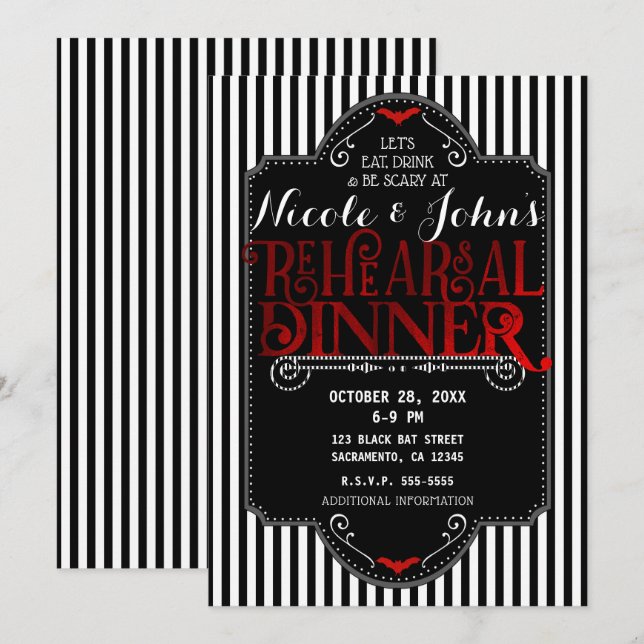 Black White Stripes Red Gothic Rehearsal Dinner Invitation (Front/Back)