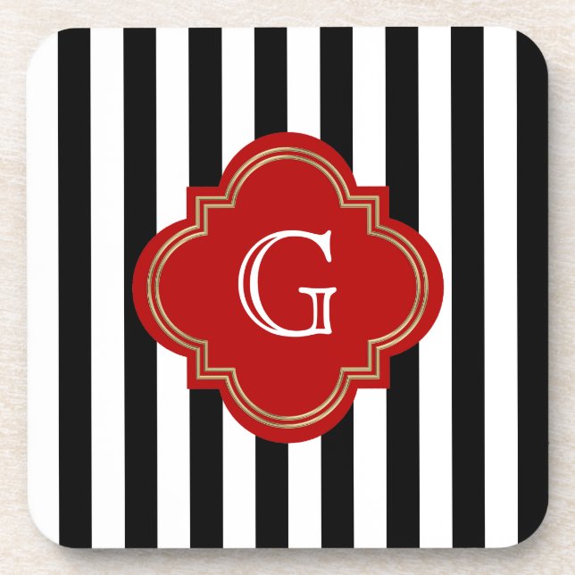 Black White Stripes, Red Label Monogram Coaster (Front)