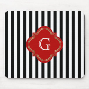 Black White Stripes, Red Label Monogram Mouse Pad