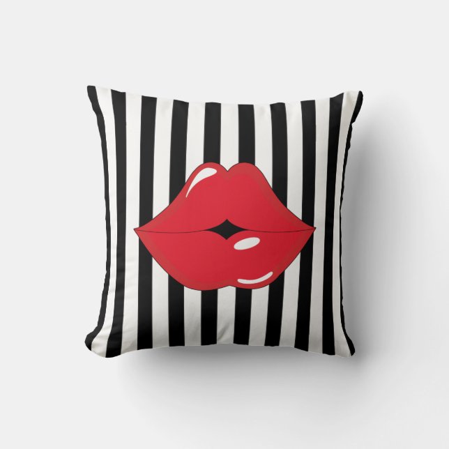 Black & White Stripes Red Lips Throw Pillow (Front)