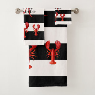 Black white stripes red lobsters monogram bath towel set