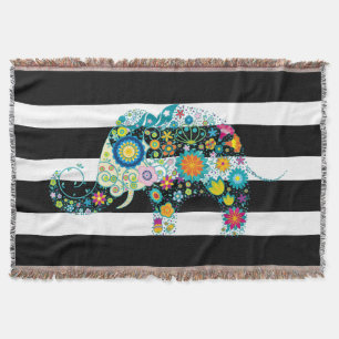 Black & White Stripes Retro Floral Elephant Throw Blanket