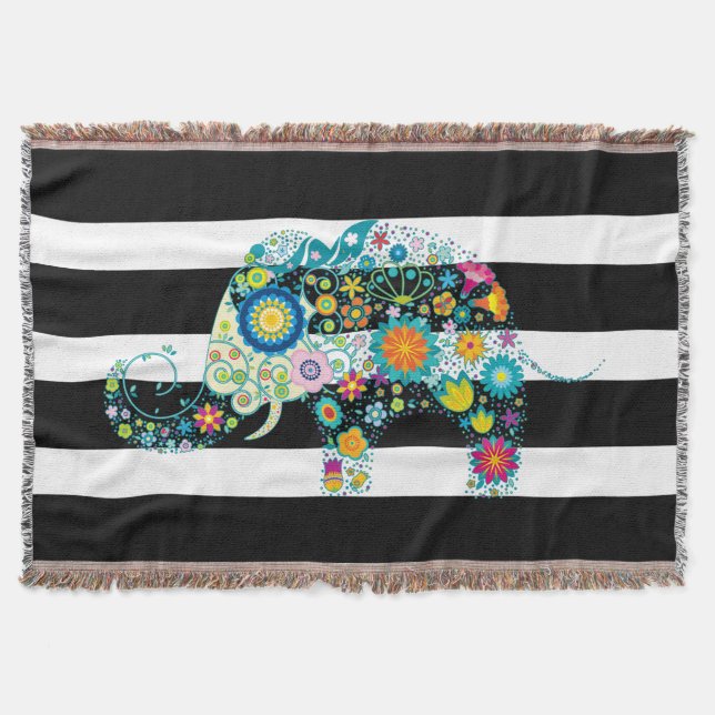 Black & White Stripes Retro Floral Elephant Throw Blanket (Front)