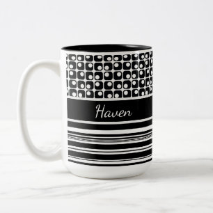 Black & White Stripes & Retro Squares Personalized Two-Tone Coffee Mug