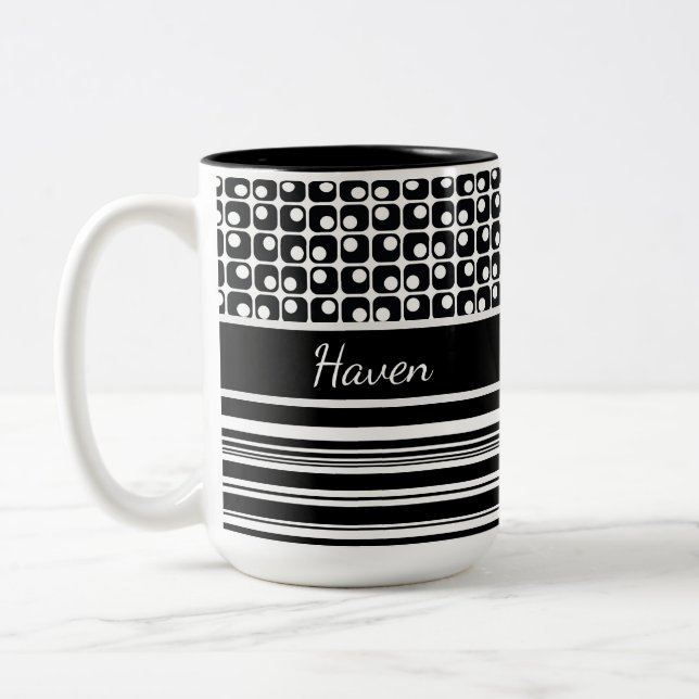 Black & White Stripes & Retro Squares Personalized Two-Tone Coffee Mug (Left)
