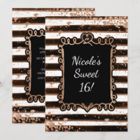 Black & White Stripes Rose Gold Flakes Invitation